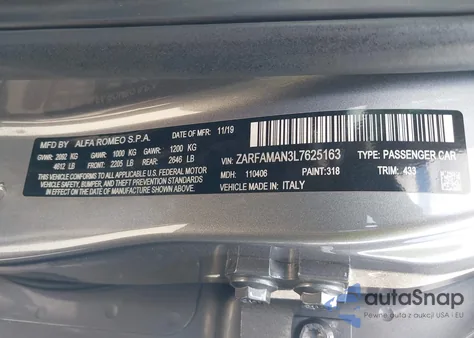 2020 Alfa Romeo Giulia Rwd z USA, uszkodzony, nr VIN ZARFAMAN3L7625163